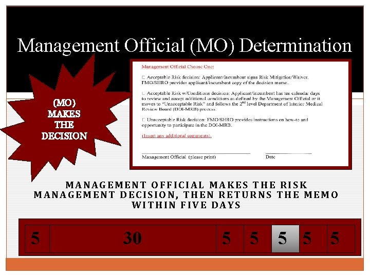 Management Official (MO) Determination (MO) MAKES THE DECISION MANAGEMENT OFFICIAL MAKES THE RISK MANAGEMENT