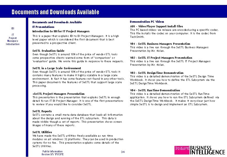 Documents and Downloads Available IBI IT Project Managers Introduction Documents and Downloads Available Demonstration