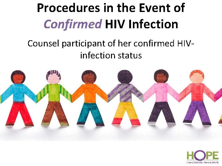 Procedures in the Event of Confirmed HIV Infection Counsel participant of her confirmed HIVinfection