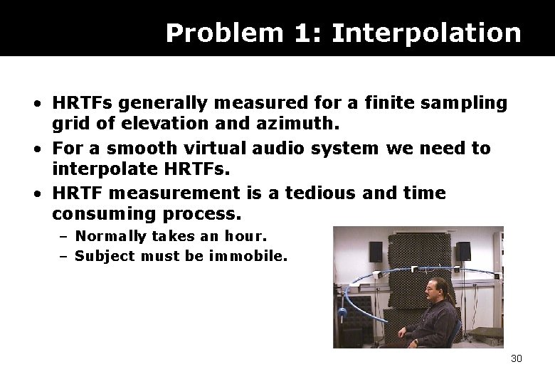 Problem 1: Interpolation • HRTFs generally measured for a finite sampling grid of elevation