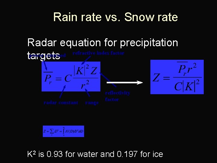 Rain rate vs. Snow rate n Radar equation for precipitation power returned refractive index