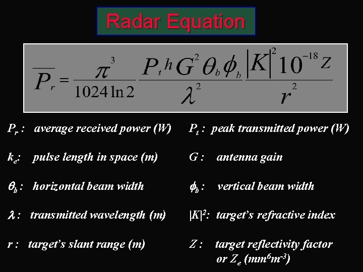 Radar Equation Pr : average received power (W) Pt : peak transmitted power (W)