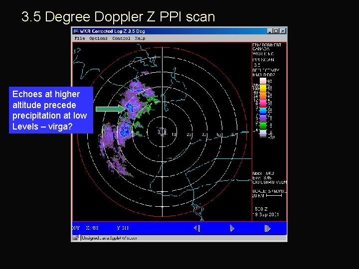 3. 5 Degree Doppler Z PPI scan Echoes at higher altitude precede precipitation at