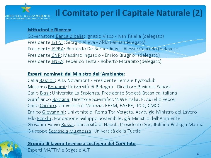 Il Comitato per il Capitale Naturale (2) Istituzioni e Ricerca: Governatore Banca d'Italia: Ignazio