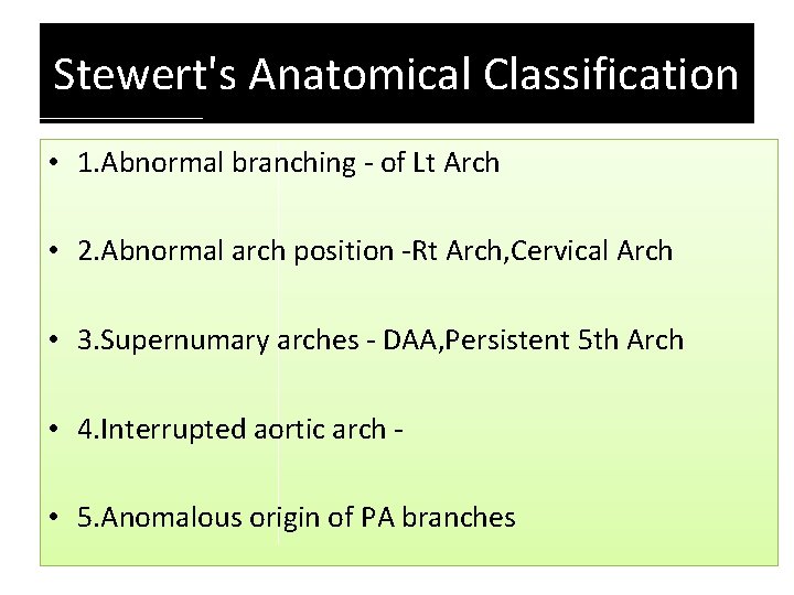 Stewert's Anatomical Classification • 1. Abnormal branching - of Lt Arch • 2. Abnormal Stewert's Anatomical Classification • 1. Abnormal branching - of Lt Arch • 2. Abnormal