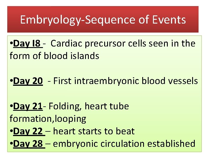 Embryology-Sequence of Events • Day I 8 - Cardiac precursor cells seen in the Embryology-Sequence of Events • Day I 8 - Cardiac precursor cells seen in the