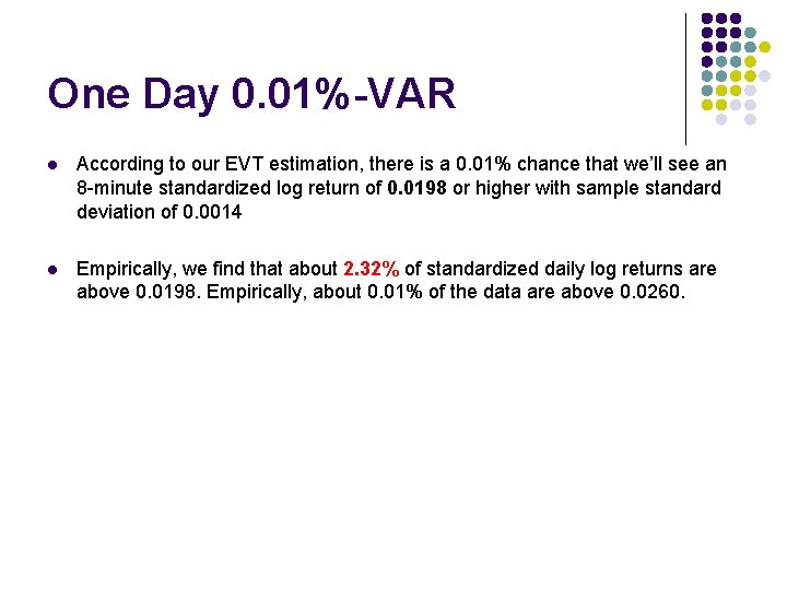 One Day 0. 01%-VAR l According to our EVT estimation, there is a 0.