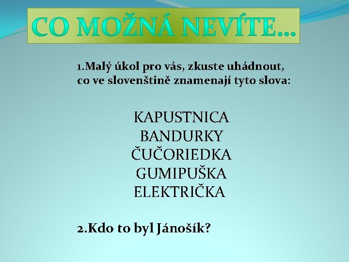1. Malý úkol pro vás, zkuste uhádnout, co ve slovenštině znamenají tyto slova: KAPUSTNICA