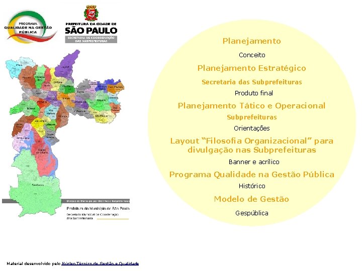 Planejamento Conceito Planejamento Estratégico Secretaria das Subprefeituras Produto final Planejamento Tático e Operacional Subprefeituras