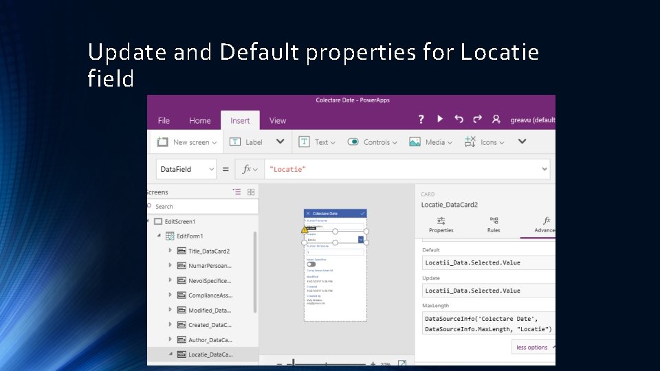 Update and Default properties for Locatie field 