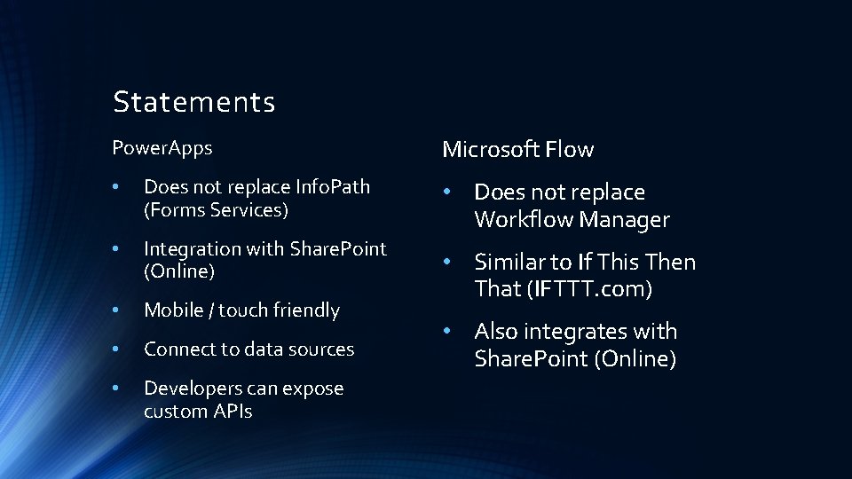 Statements Power. Apps • Does not replace Info. Path (Forms Services) • Integration with