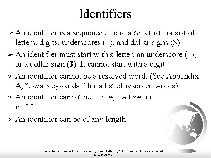 Identifiers An identifier is a sequence of characters that consist of letters, digits, underscores