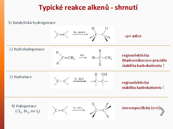 Typické reakce alkenů - shrnutí 1) Katalytická hydrogenace syn-adice 2) Hydrohalogenace regioselektivita Markovnikovovo pravidlo