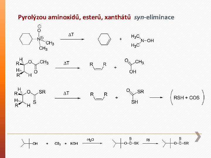 Pyrolýzou aminoxidů, esterů, xanthátů syn-eliminace 