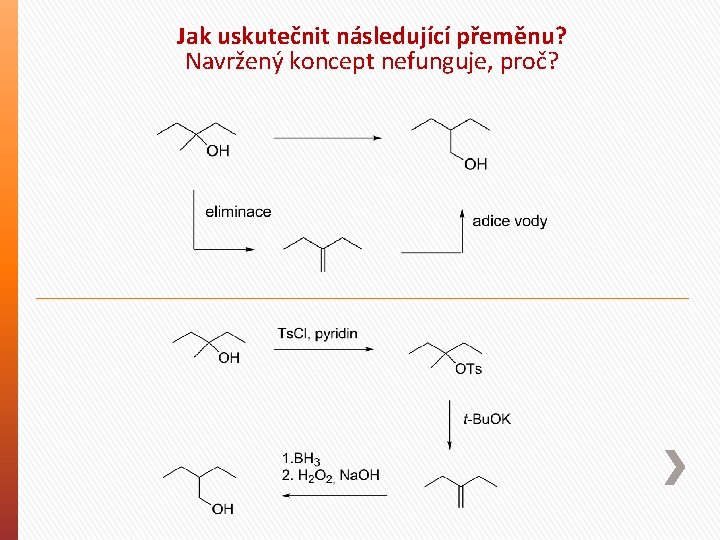 Jak uskutečnit následující přeměnu? Navržený koncept nefunguje, proč? 