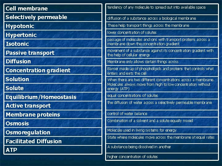 Cell membrane tendency of any molecule to spread out into available space Selectively permeable Cell membrane tendency of any molecule to spread out into available space Selectively permeable