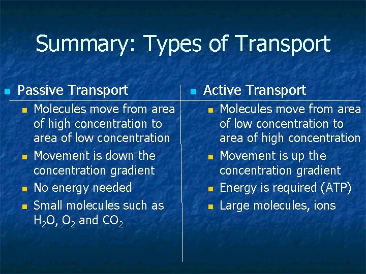 Summary: Types of Transport n Passive Transport n n Molecules move from area of Summary: Types of Transport n Passive Transport n n Molecules move from area of