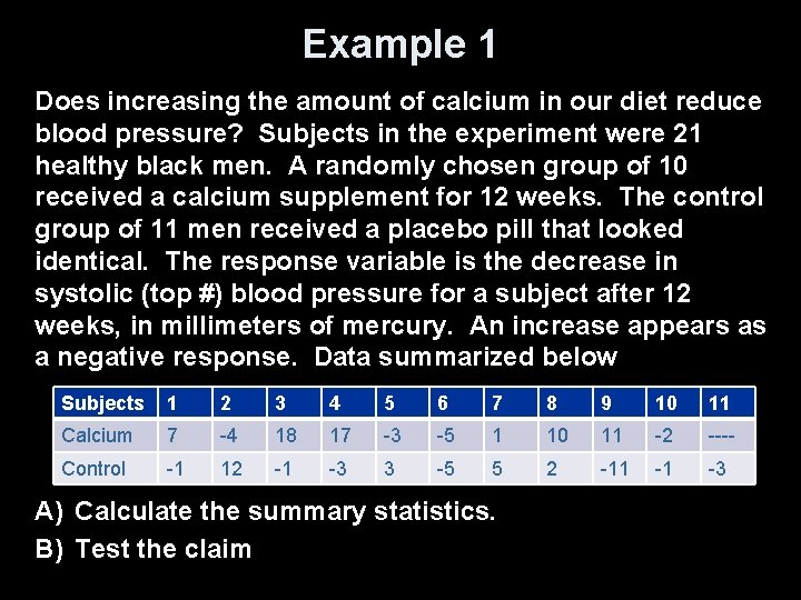 Example 1 Does increasing the amount of calcium in our diet reduce blood pressure?