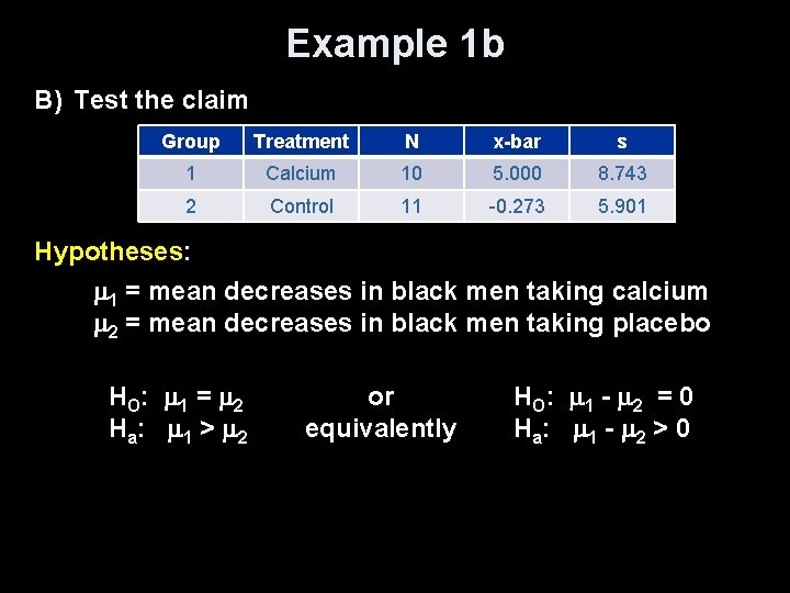 Example 1 b B) Test the claim Group Treatment N x-bar s 1 Calcium