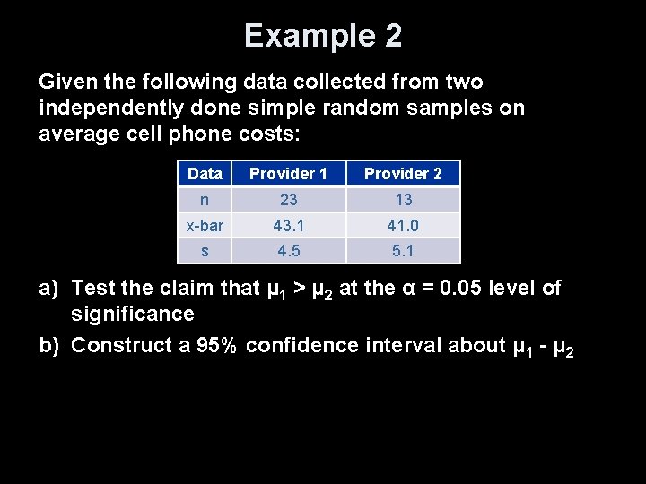 Example 2 Given the following data collected from two independently done simple random samples