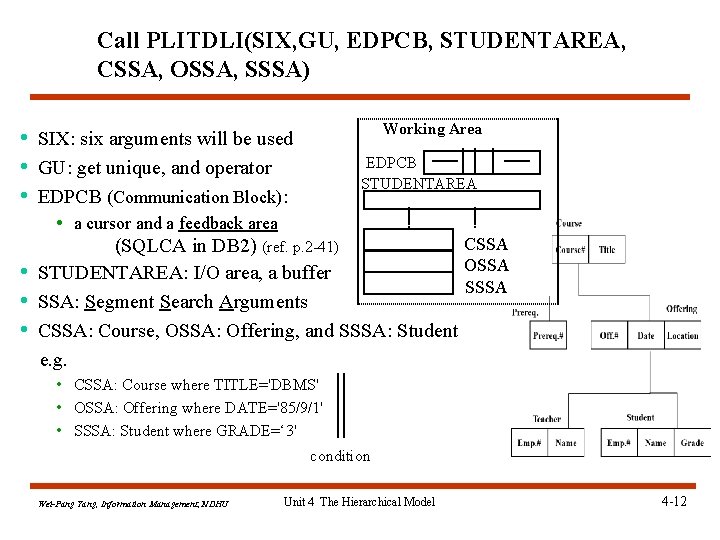 Call PLITDLI(SIX, GU, EDPCB, STUDENTAREA, CSSA, OSSA, SSSA) Working Area • SIX: six arguments Call PLITDLI(SIX, GU, EDPCB, STUDENTAREA, CSSA, OSSA, SSSA) Working Area • SIX: six arguments
