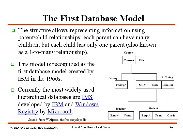 The First Database Model q The structure allows representing information using parent/child relationships: each The First Database Model q The structure allows representing information using parent/child relationships: each