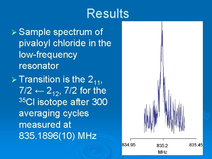 Results Ø Sample spectrum of pivaloyl chloride in the low-frequency resonator Ø Transition is