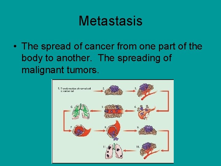 Metastasis • The spread of cancer from one part of the body to another.