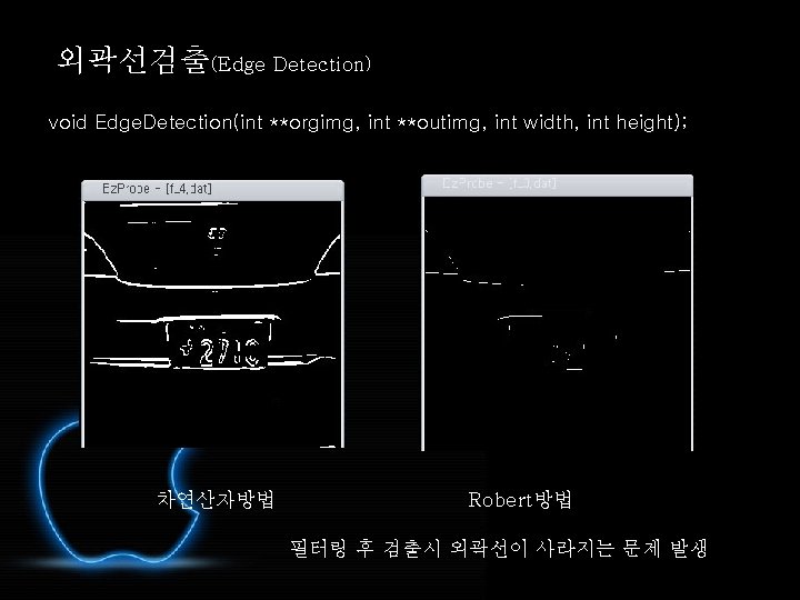 외곽선검출(Edge Detection) void Edge. Detection(int **orgimg, int **outimg, int width, int height); 차연산자방법 Robert방법