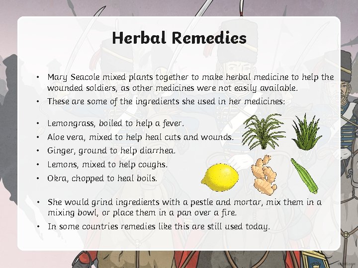 Herbal Remedies • Mary Seacole mixed plants together to make herbal medicine to help