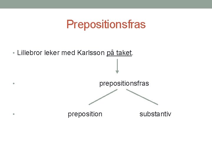 Prepositionsfras • Lillebror leker med Karlsson på taket. • • prepositionsfras preposition substantiv 