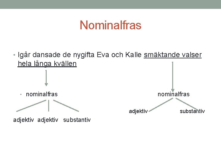 Nominalfras • Igår dansade de nygifta Eva och Kalle smäktande valser hela långa kvällen