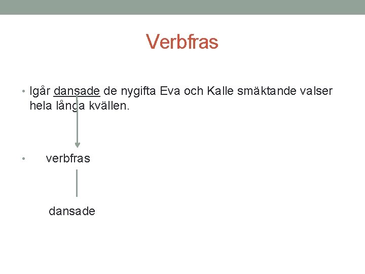 Verbfras • Igår dansade de nygifta Eva och Kalle smäktande valser hela långa kvällen.