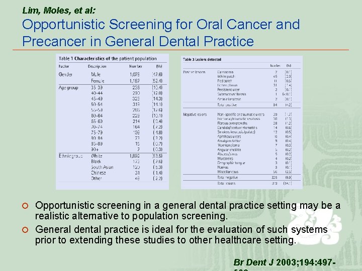 Lim, Moles, et al: Opportunistic Screening for Oral Cancer and Precancer in General Dental