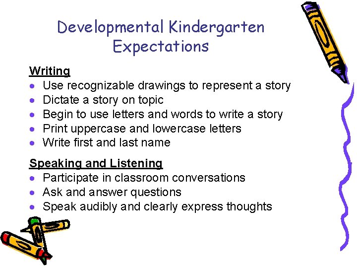 Developmental Kindergarten Expectations Writing · Use recognizable drawings to represent a story · Dictate