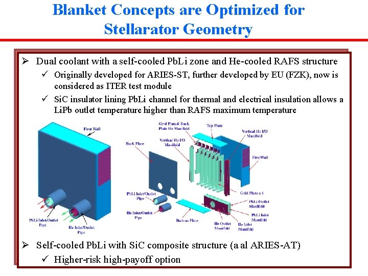 Blanket Concepts are Optimized for Stellarator Geometry Ø Dual coolant with a self-cooled Pb. Blanket Concepts are Optimized for Stellarator Geometry Ø Dual coolant with a self-cooled Pb.