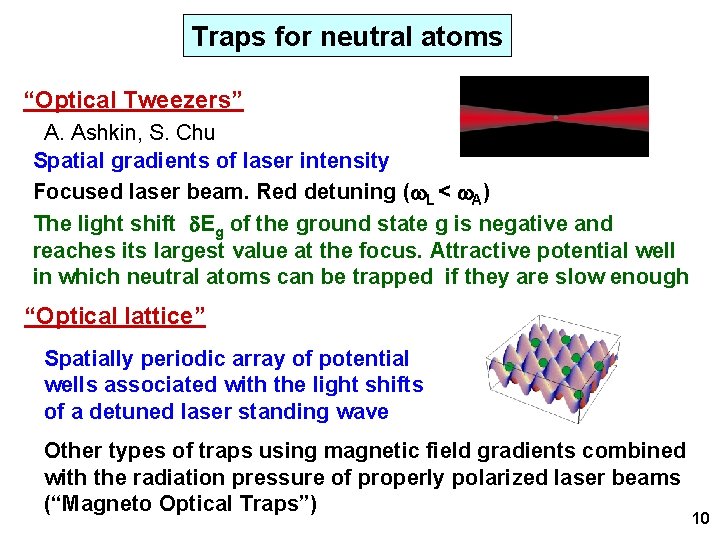 Traps for neutral atoms “Optical Tweezers” A. Ashkin, S. Chu Spatial gradients of laser