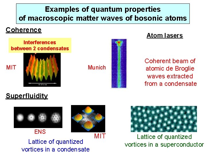 Examples of quantum properties of macroscopic matter waves of bosonic atoms Coherence Atom lasers