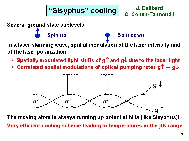 “Sisyphus” cooling J. Dalibard C. Cohen-Tannoudji Several ground state sublevels Spin up Spin down