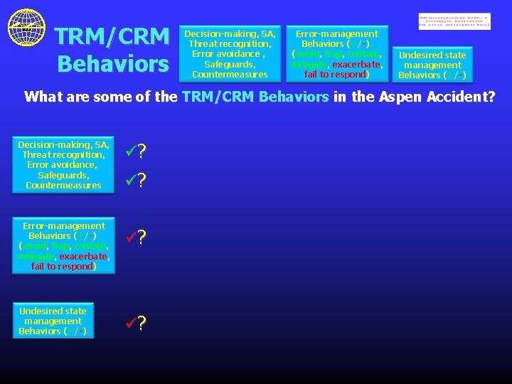 TRM/CRM Behaviors Decision-making, SA, Threat recognition, Error avoidance , Safeguards, Countermeasures Error-management Behaviors (+/-)