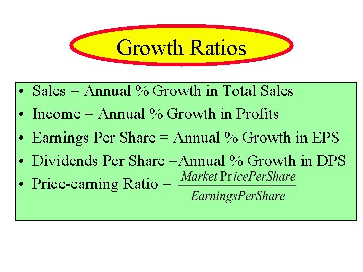 Growth Ratios • • • Sales = Annual % Growth in Total Sales Income