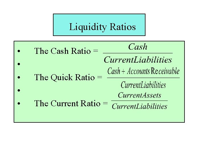 Liquidity Ratios • • • The Cash Ratio = The Quick Ratio = The