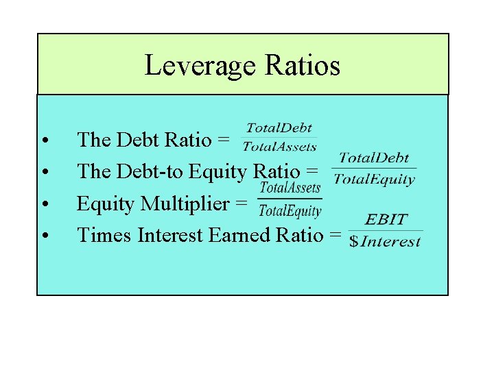 Leverage Ratios • • The Debt Ratio = The Debt-to Equity Ratio = Equity