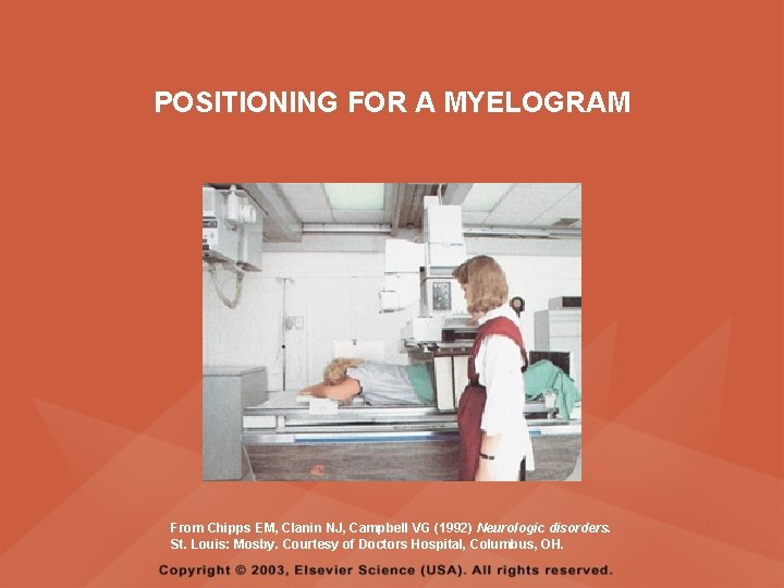 POSITIONING FOR A MYELOGRAM From Chipps EM, Clanin NJ, Campbell VG (1992) Neurologic disorders. POSITIONING FOR A MYELOGRAM From Chipps EM, Clanin NJ, Campbell VG (1992) Neurologic disorders.
