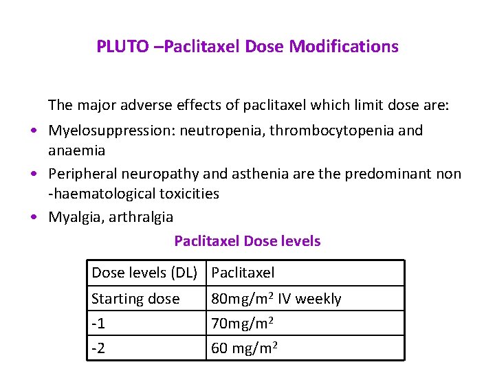 PLUTO –Paclitaxel Dose Modifications The major adverse effects of paclitaxel which limit dose are: