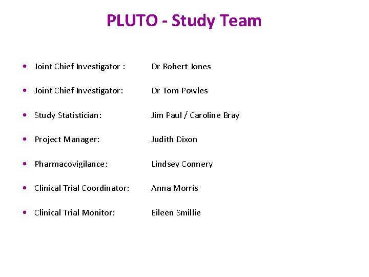 PLUTO - Study Team • Joint Chief Investigator : Dr Robert Jones • Joint