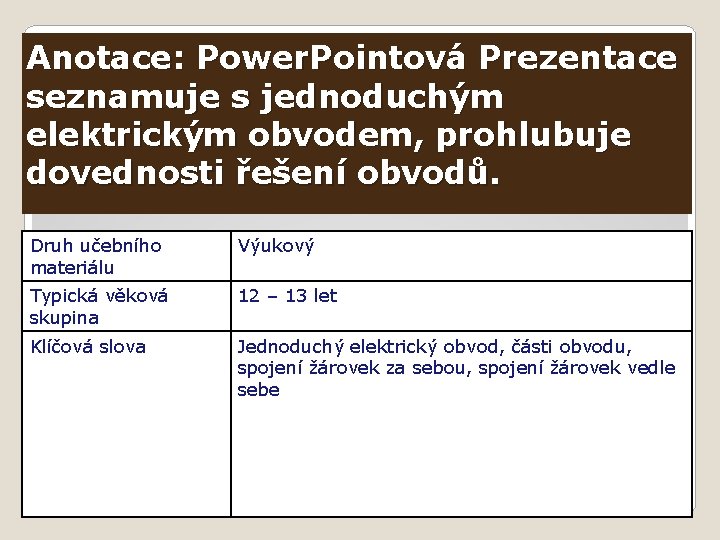 Anotace: Power. Pointová Prezentace seznamuje s jednoduchým elektrickým obvodem, prohlubuje dovednosti řešení obvodů. Druh