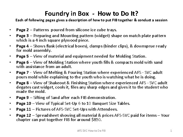 Foundry in Box - How to Do It? Each of following pages gives a