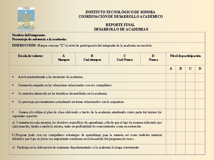 INSTITUTO TECNOLÓGICO DE SONORA COORDINACIÓN DE DESARROLLO ACADÉMICO REPORTE FINAL DESARROLLO DE ACADEMIAS Nombre