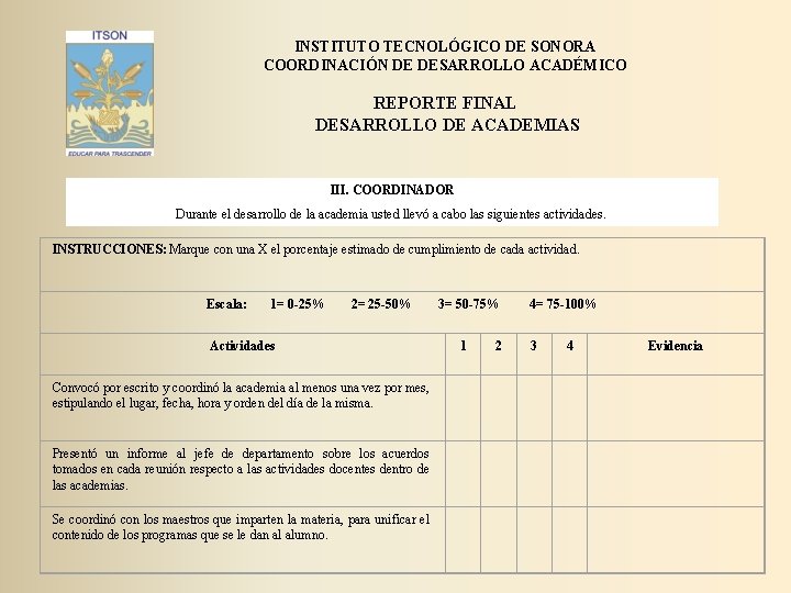 INSTITUTO TECNOLÓGICO DE SONORA COORDINACIÓN DE DESARROLLO ACADÉMICO REPORTE FINAL DESARROLLO DE ACADEMIAS III.